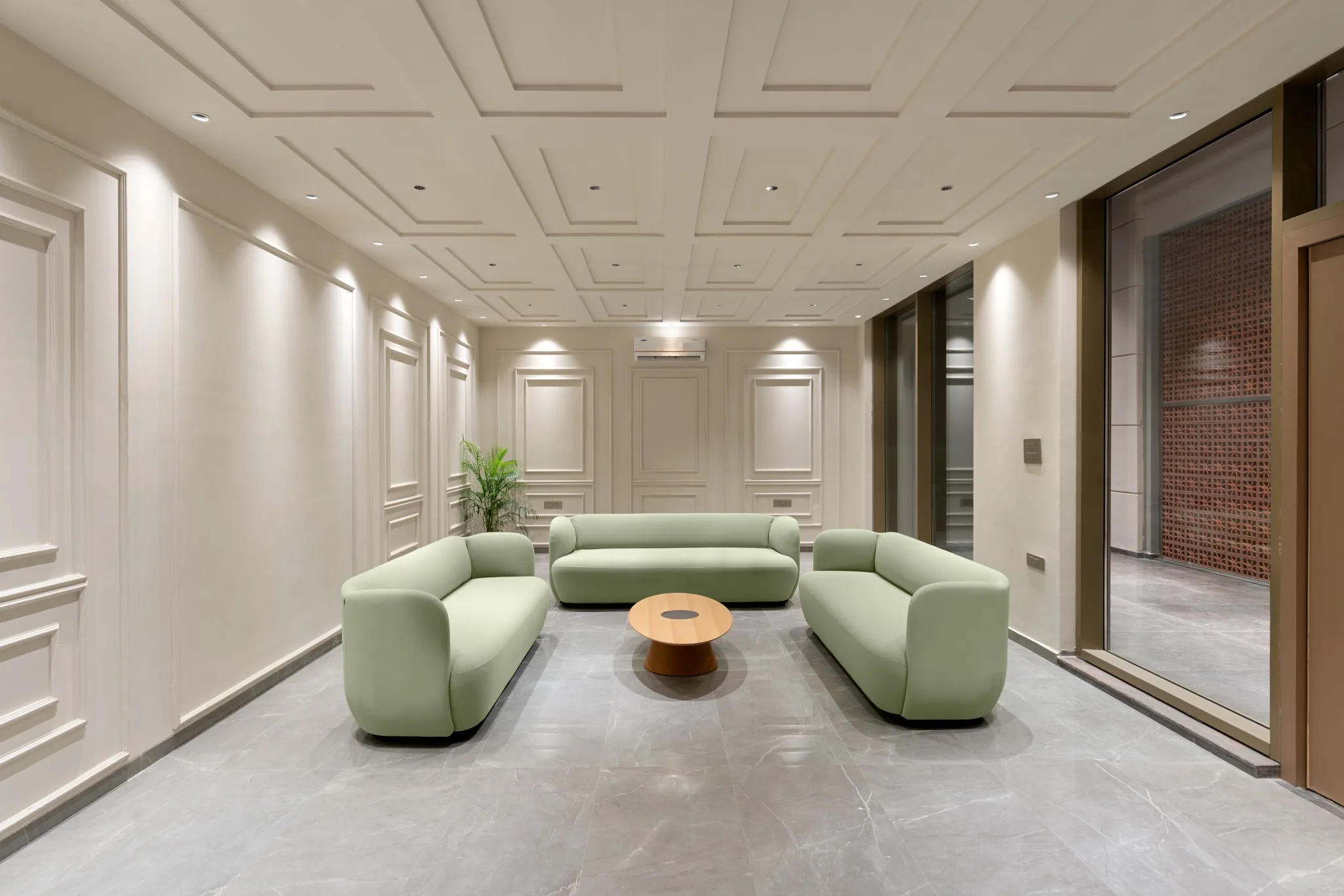 MOMENTUS entrance canopy at blue hour