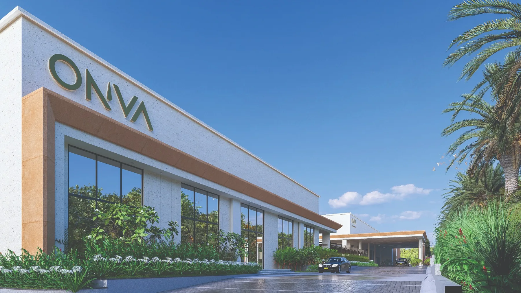 ONVA Convention palm-lined approach