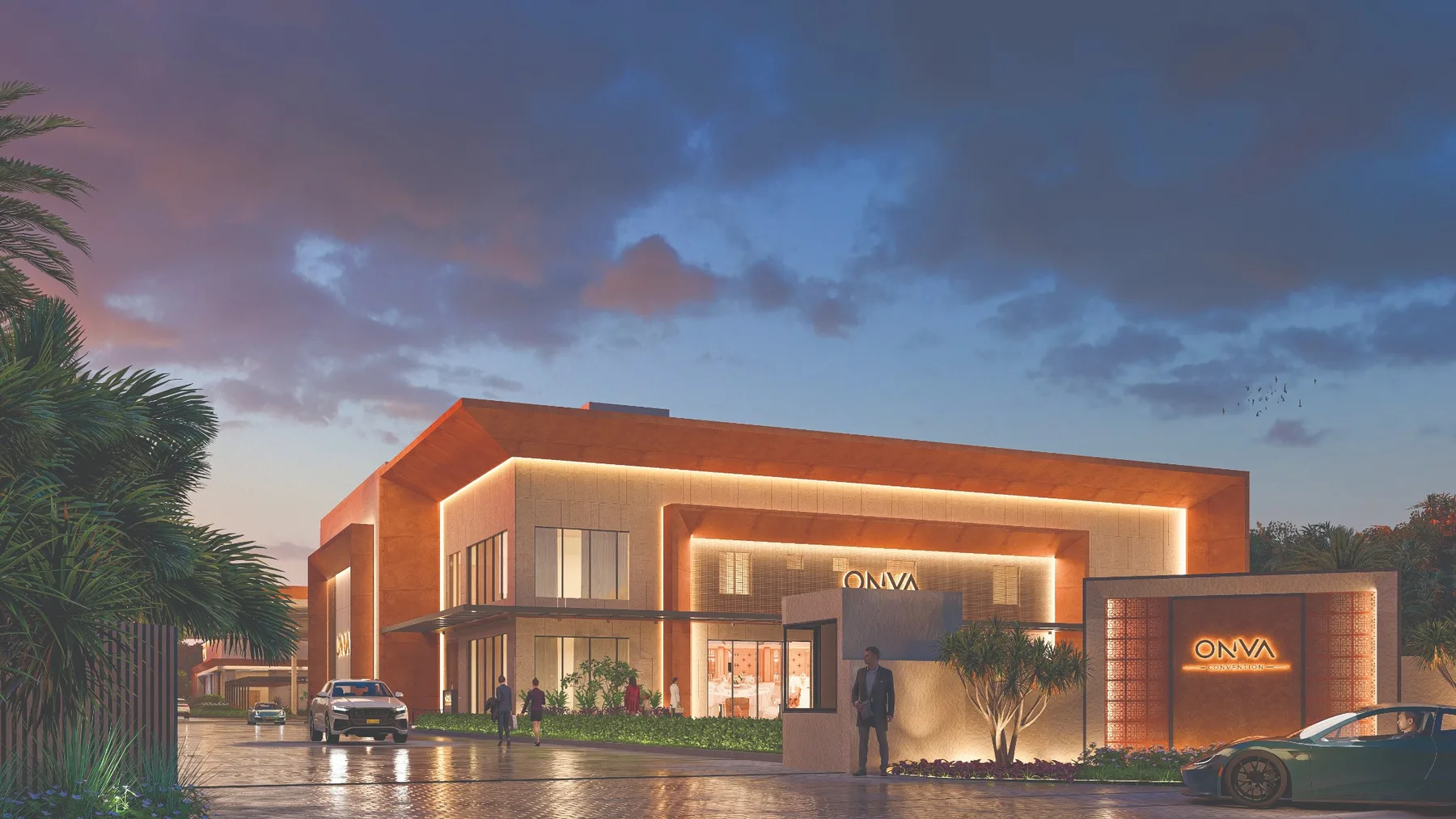 ONVA Convention gate and facade at dusk