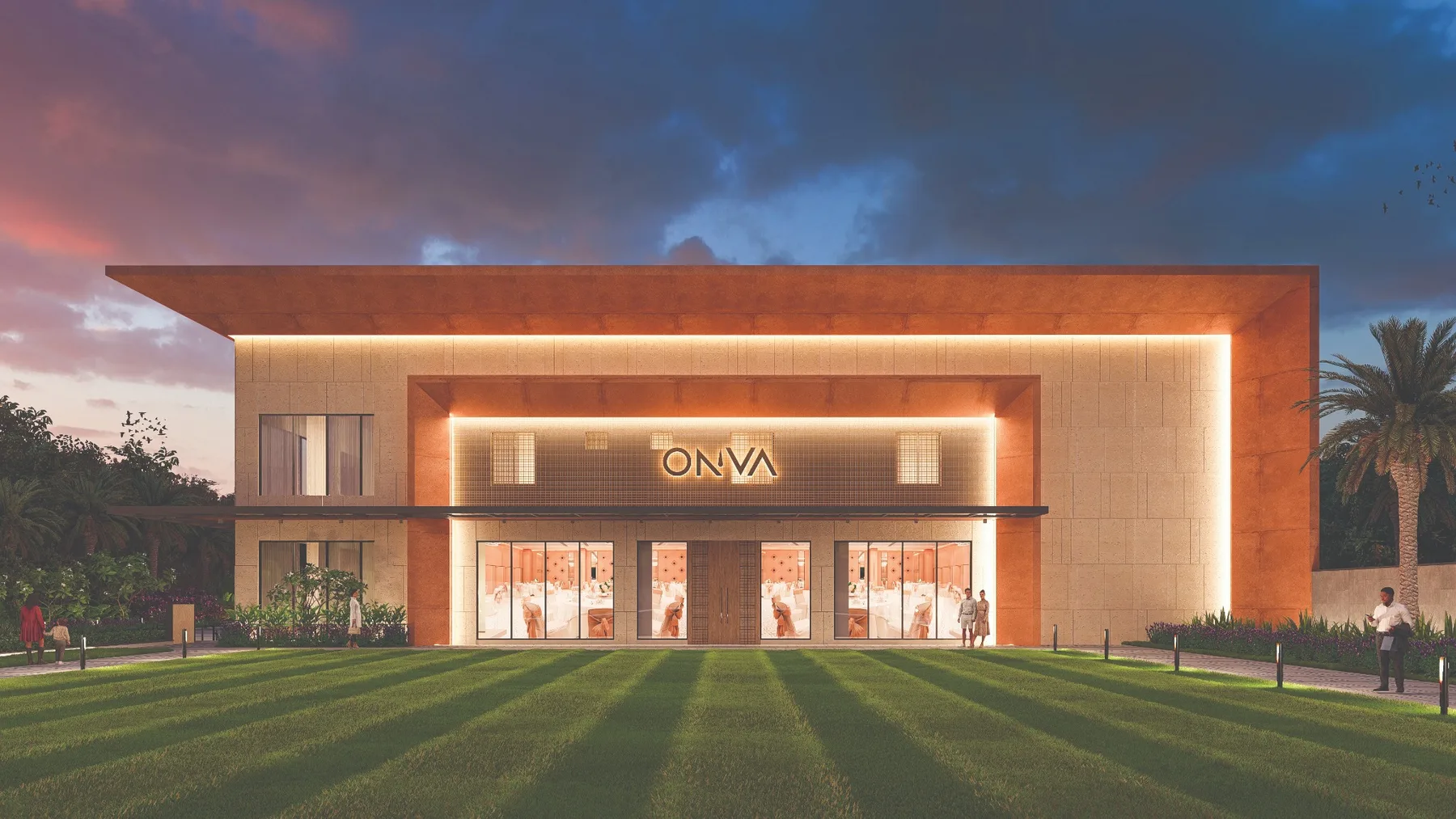 ONVA Convention front facade at sunset