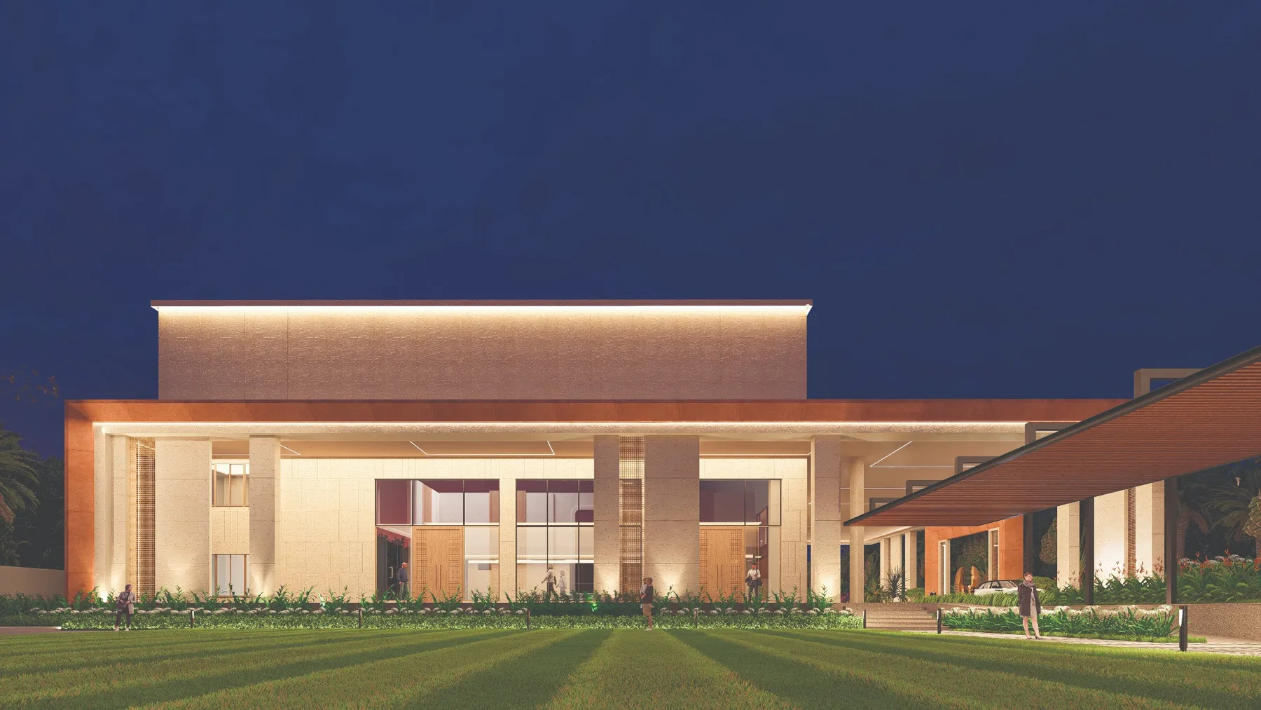 ONVA Convention rear event facade at night